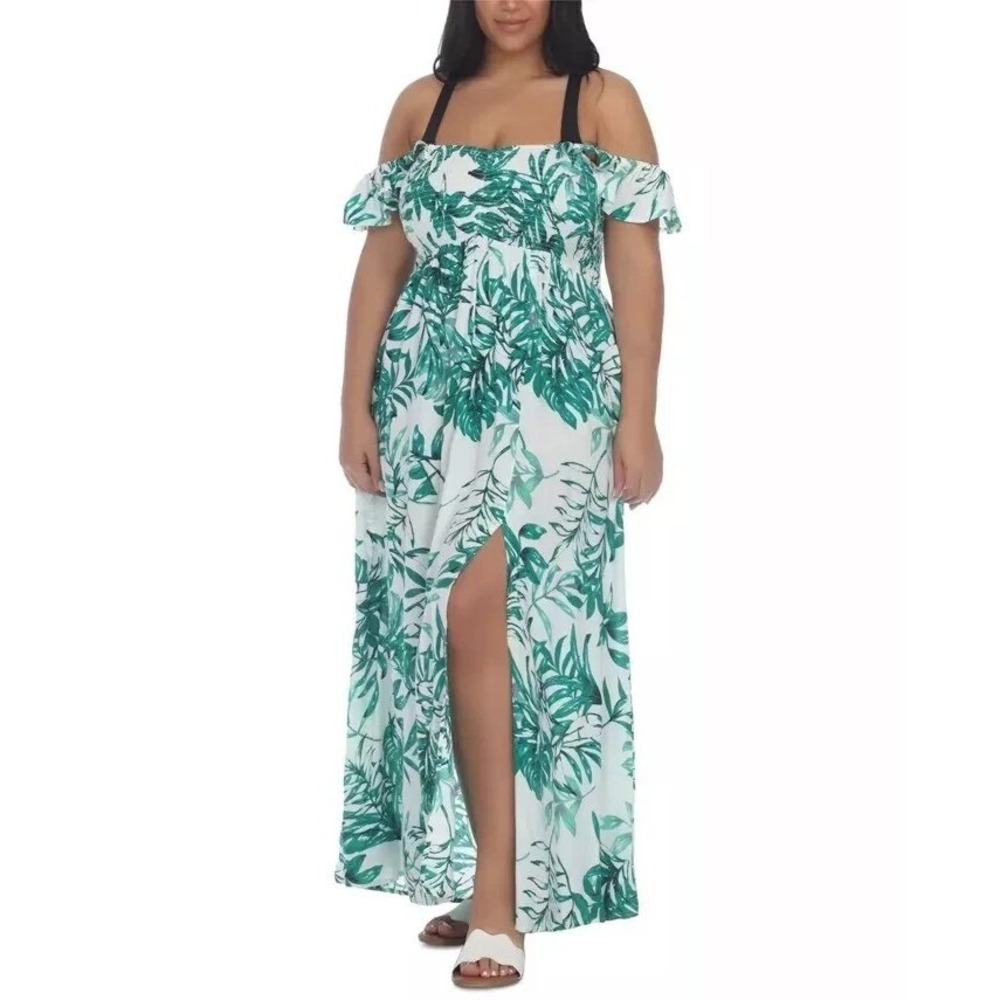 Raviya GREEN Plus Size Floral-Print Smocked-Bodice Maxi Dress Cover-up Size 0X
